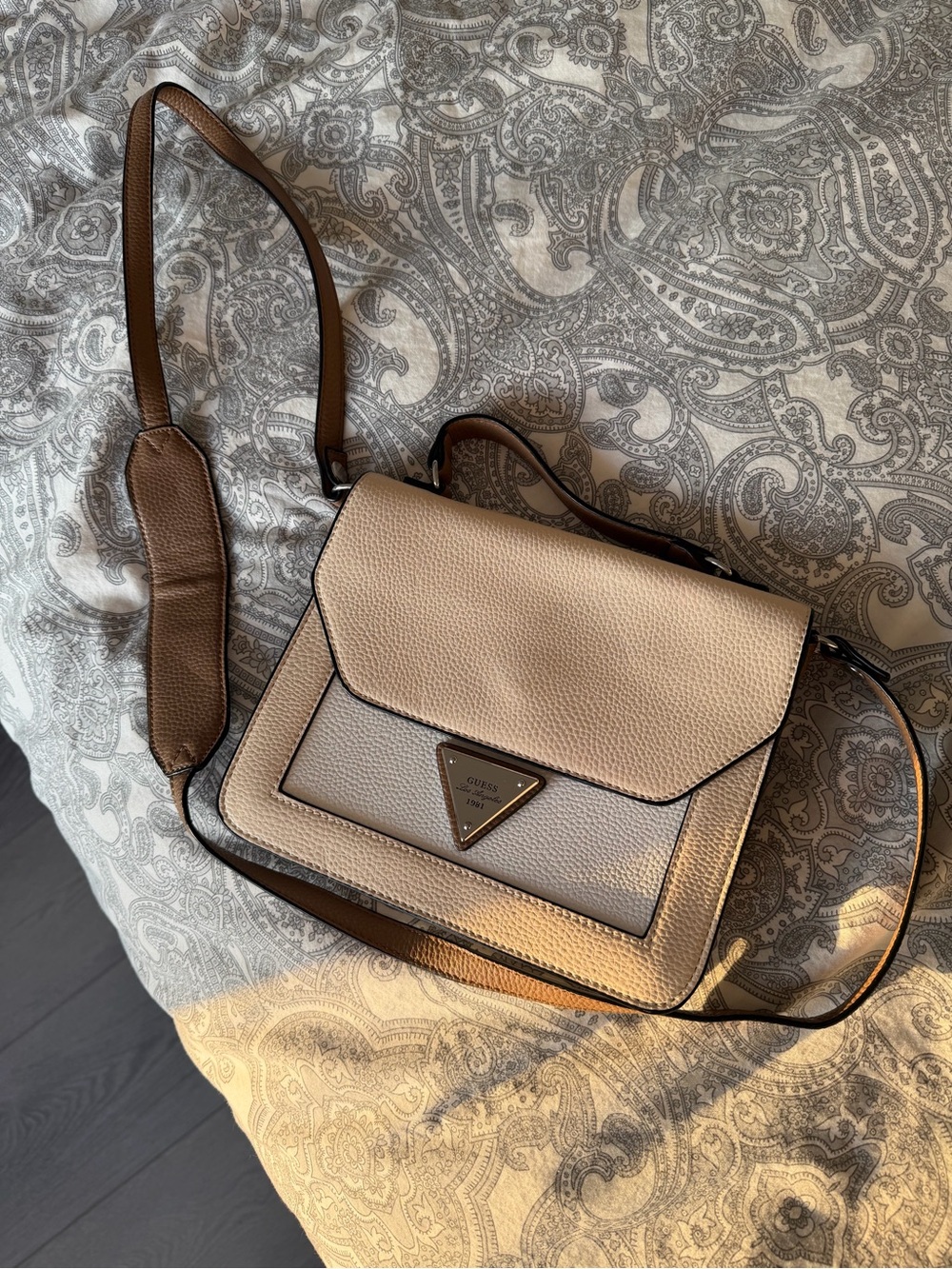 GUESS Two-Tone Beige and Taupe Pebbled Leather Crossbody